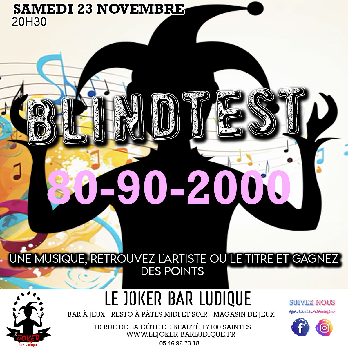 Blindtest 80 90 2000 - Le Joker - Bar ludique et restaurant à pâtes - Saintes