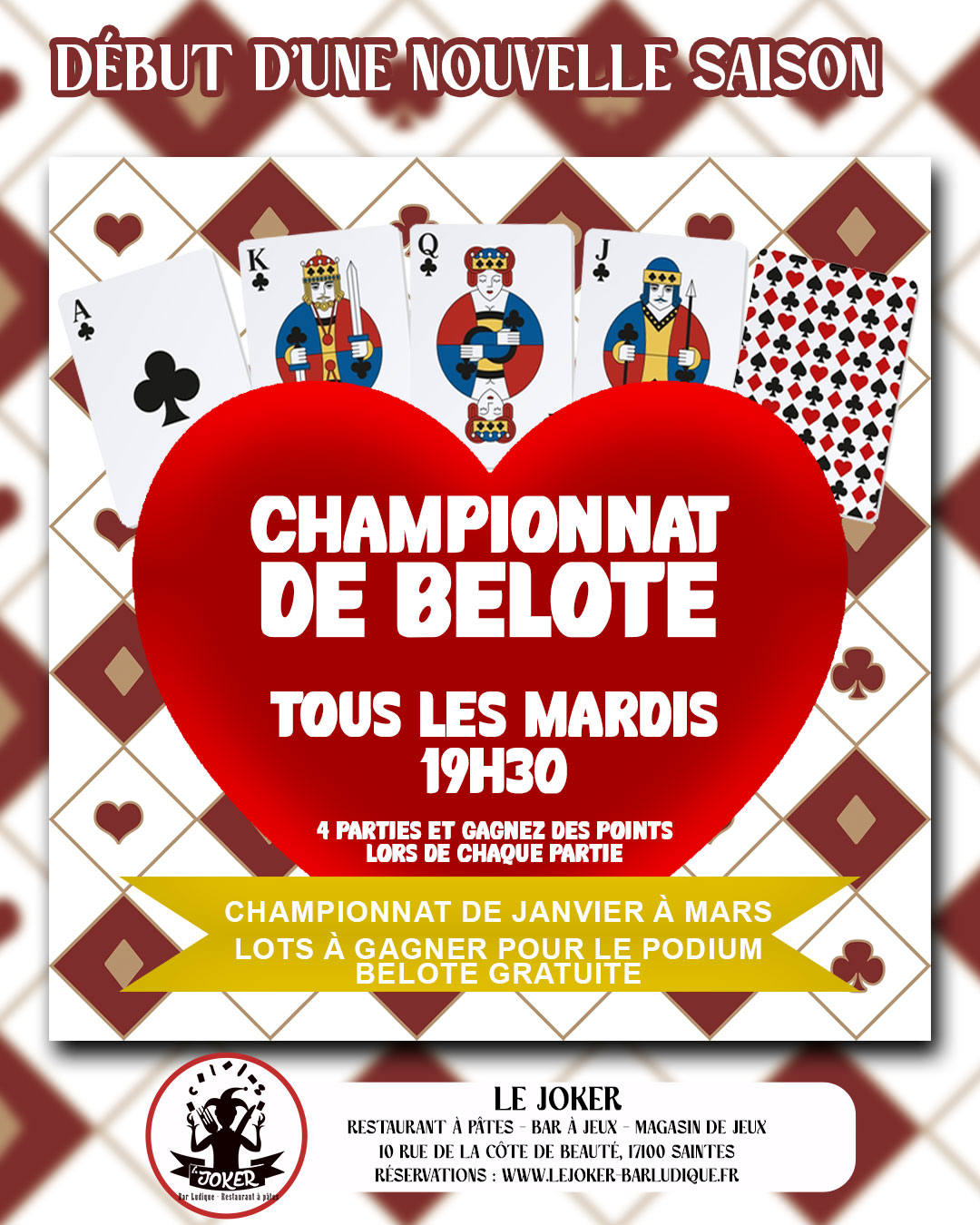 Nouvelle saison de Belote - Le Joker - Bar ludique et restaurant à pâtes - Saintes