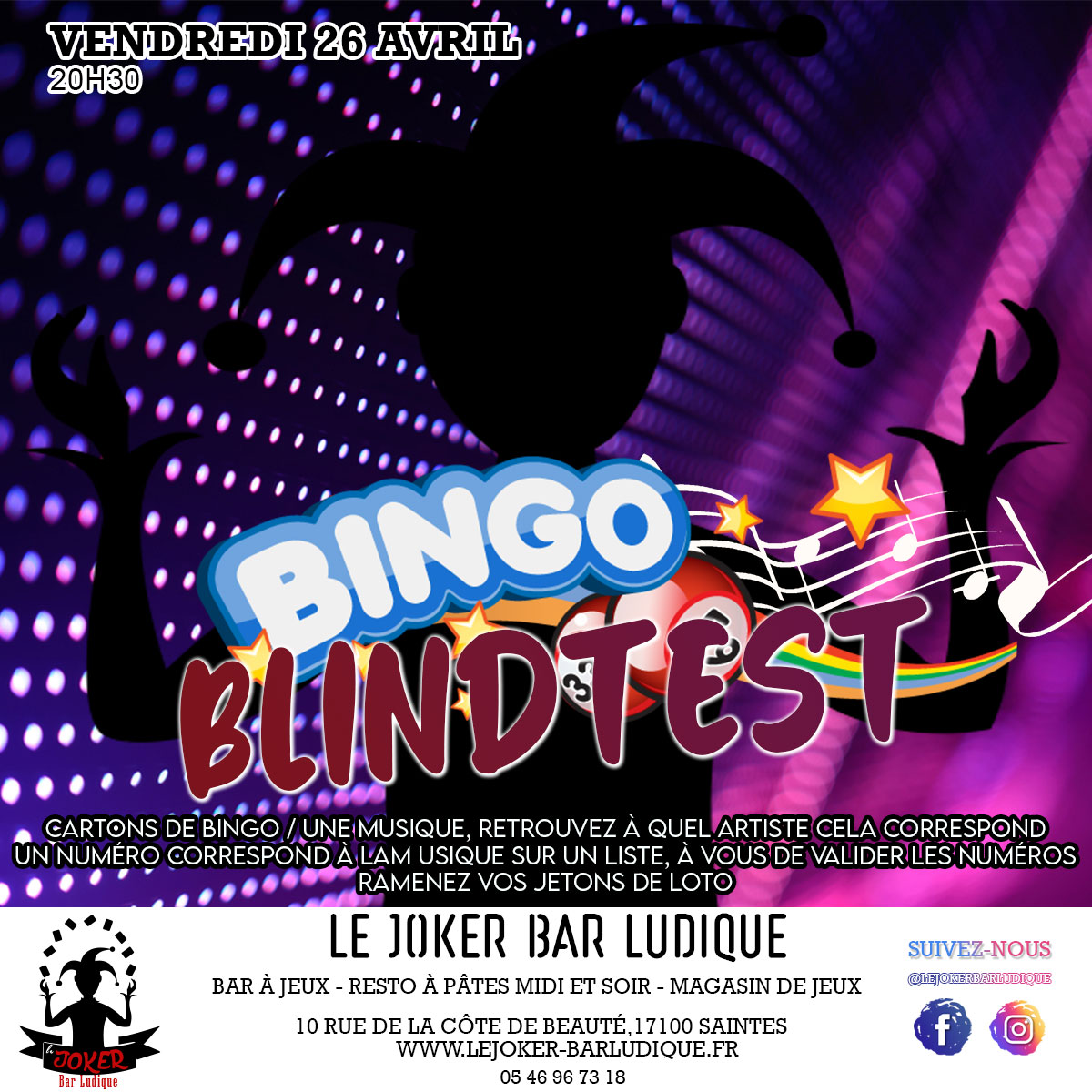 Bingo Blindtest - Le Joker - Bar ludique et restaurant à pâtes - Saintes