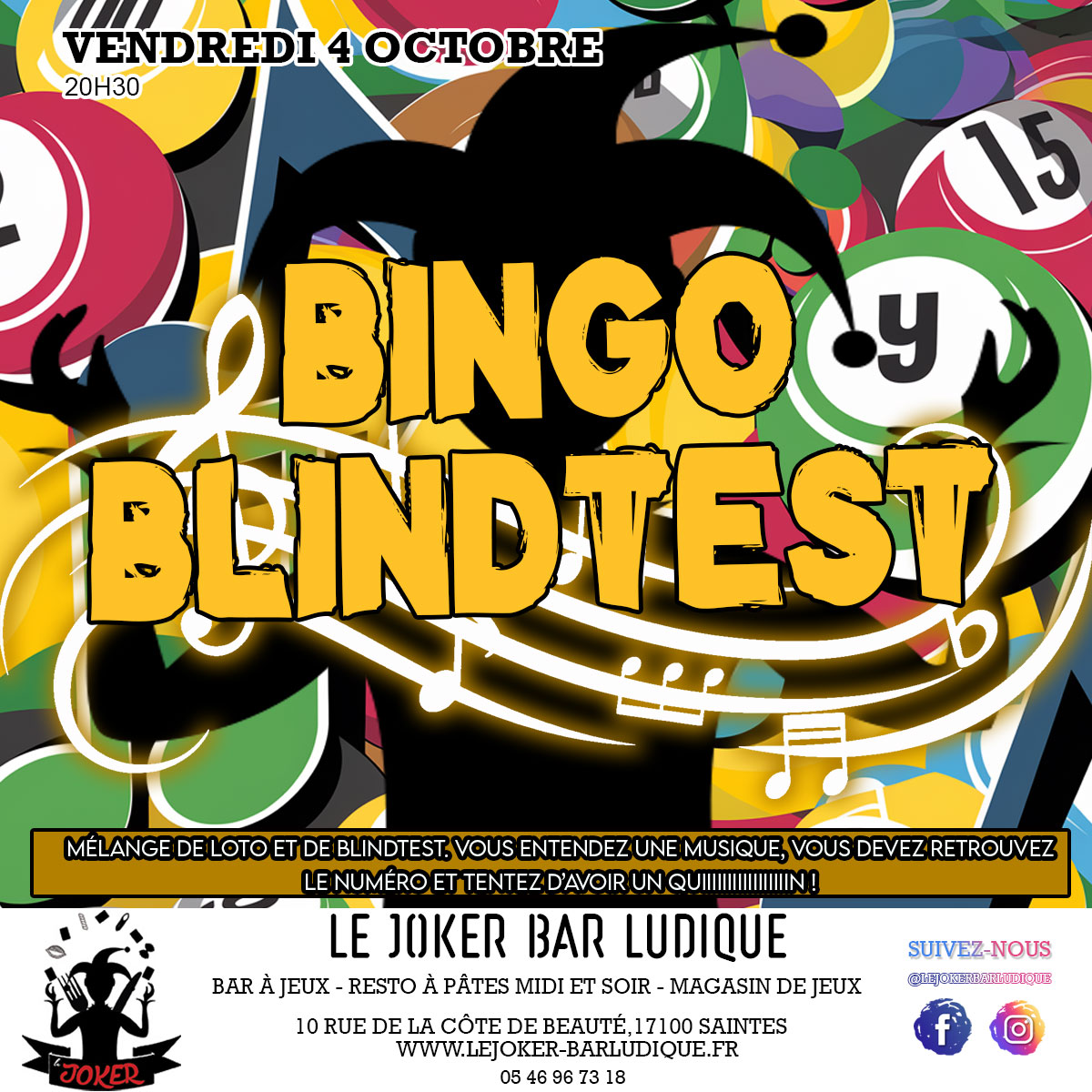 Bingo Blindtest - Le Joker - Bar ludique et restaurant à pâtes - Saintes